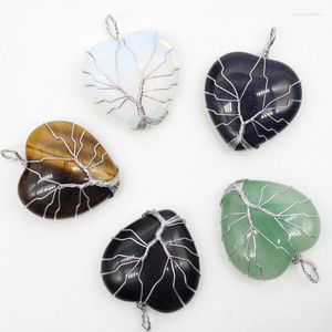 Pendant Necklaces Tree Of Life Wire Wrapped Love Heart Suspension Natural Stone Necklace Tiger Eye Black Onyx Making Jewelry Wholesale