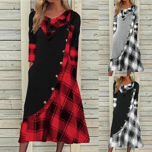 Casual Dresses Autumn Winter for Women 2023 Plaid Splice Long Sleeve Loose Dress Beach Holiday Button Plus Size