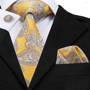 Bow Ties Hi-Tie Gold Paisley Silk For Men Floral Yellow Men's Slips Set Tie Pocket Square Cufflinks Cravats Luxury SN-1730