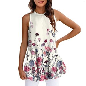 Women's Blouses Boho Flower Print Blouse Women Casual Solid Ruffle Sleeveless Tops Summer O Neck Peplum Tanks Tiered Shirt Blusas Mujer