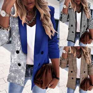 Damenanzüge Blazer 2023 Plaid Langer Blazer Damen Langarm Zweireiher Büroanzug Frauen Bedruckte Jacke Mantel Top Kleidung Mantea