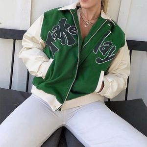 Women's Jackets 2023 Autumn House Of Grass Women Letter Green Bomber Jacket Female Streetwear TAKE A PLAY Turn Down Collar Zipper Baseball