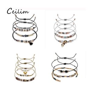 Catena a maglie Trendy Transmit Love 3Pcs / Lot Bracciale in cera per donna Pietra naturale Perle di riso in cristallo intrecciate con ciondolo a forma di cuore Intero Ot5Fi