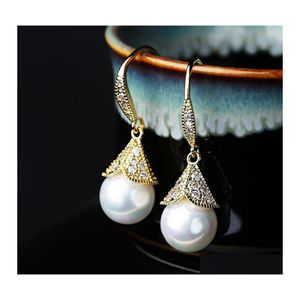 Dangle żyrandol imitacja imitacja Pearl Crown CZ Kolczyki dla kobiet Pave Cubic Zircon Big Hook Prezenty Prezenty Gold Sie Otwn0