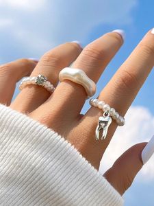 Eheringe 3 teile/satz Vintage Perle Frauen Böhmen Perlen Glänzend Zirkon Metall Anhänger Zähne Anillos Ungewöhnliche Weibliche Trend Schmuck Geschenke weddin