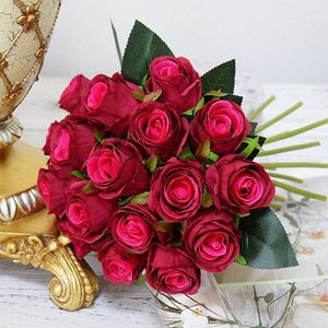 Fiori decorativi che tengono bouquet da sposa rosa naturale artificiale con nastro di raso di seta Festa nuziale da damigella d'onore champagne rosa bianco