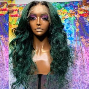 Toppstängningar Glueless Dark Green Ombre Color Synthetic Hair Spets Front For Women Body Wave Heat Motent Fiber Daily 180%Densitet