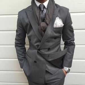 Men's Suits Grey Double Breasted Slim Fit Men Suit 2 Piece Skinny Groom Wedding Tuxedo Tailor Made Prom Business (Jacket Pants)