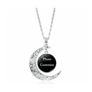 Pendant Necklaces Custom Made P O Moon Necklace For Women Men Personalized Glass Cabochon Picture Charm Chains Fashion Jewelry Gift Otmpx