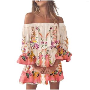Casual Dresses For Women Party Wedding Beach Sexy Off Shoulder Tunic Sundresses Loose Fit Bell Sleeve Mini Floral Dress Robe Femme