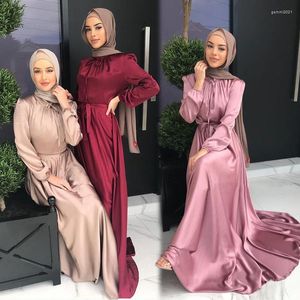 Etniska kläder muslimska klänning tunn satin slips front långa ärmar islamiska dubai turkiska blygsamma elegant abaya casual hijab mantel fast färg