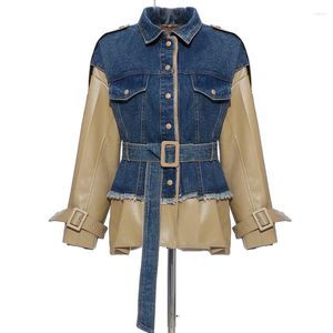 Women's Jackets AYUALIN Casual Lapel Big Pocket Denim Coats Autumn 2023 Vintage Patchwork Long Sleeve For Women Boho Loose Jacket