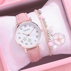 Wristwatches Gaiety Brand 2pcs Set Bracelet Watch For Women Unique Cartoon Pattern Pink Girls Fashion Leather Ladies Clock Reloj MujerWristw