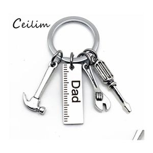 Key Rings Personalized Diy Stainless Steel Keychain Engraved Dad Papa Grandpa Hammer Screwdriver Wrench Tools Fathers Day Drop Deliv Otvpw