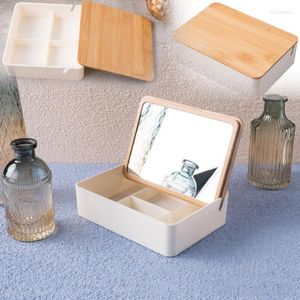 Storage Boxes Square Cosmetic Box With Wooden Lid Mirror Makeup Case Jewelry Rings Necklaces Earrings Compartment Organizer Container