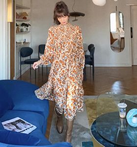 Casual Dresses Orange Bohe Floral Maxi Dress Long Sleeve Spring Elegant Clothing For Women Korean Style Vestido Largo Elegante Para Fiesta