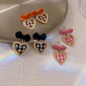 Dangle Earrings Chandelier Mengjiqiao Korean Cute Plaid Pearl Beads Heart drop for women girlsautumn and冬の甘い弓小物