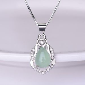 Pendant Necklaces Light Green Jade Pith Water Drop Pear Shaped S925 Silver Plated Necklace Full Of Zircon Clavicle Chain