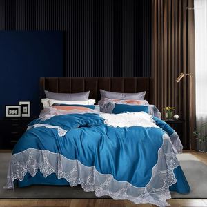 Bedding Sets Luxury Blue Orange 1000tc Egyptian Cotton Princess Wedding Wedding Borderyer Duvet Capa Campa Filôs 4pcs