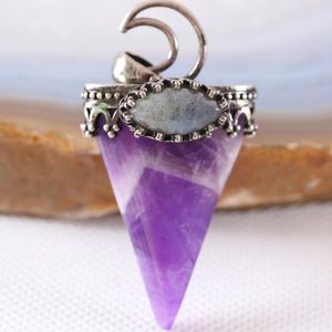 Pendant Necklaces Charm Necklace Natural Gem Purple Crystal Labradorite Oval Bead Triangle Antique Crown Half Moon Jewery Gift K695