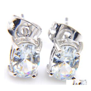 Stud Luckyshine 6X8Mm Oval White Topaz Gems 925 Sterling Sier Plated Earrings Woman Wedding Jewelry Drop Delivery Dhkrp