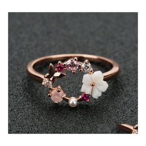 Cluster Rings Pearl Flower Butterfly For Women Rose Gold Color Wedding Bands Engagement Fashion Jewelry Drop Delivery Otbnk