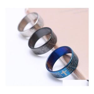 Band Rings 316L Stainless Steel Mens Cross Blue Black Sier Religious Scripture Lettering Titanium Pinky Ring For Women Couple Drop D Otfew
