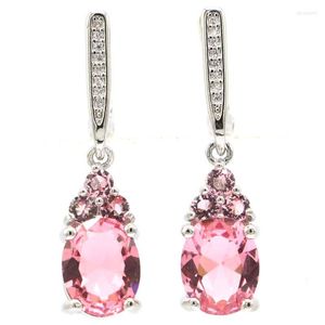 Kolczyki Dangle 34x8mm Piękne 5,7 g fiolet tanzanit Akwamarynowy Pink Morganite London Blue Topaz CZ Siostra 925 Srebro srebro