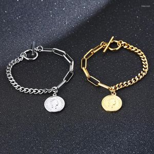 Länkarmband retro avatar rund charm elizabeth mynt smycken rostfritt stål guldfärg kvinnokedja armband