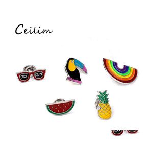 Spille Spille Cartoon Collare fai da te Spilla Set Arcobaleno Anguria Ananas Corvo Eyesweyes Spille smaltate Distintivo per le donne Moda J Otzq3