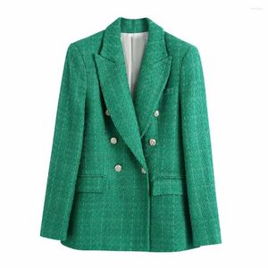 Kvinnors kostymer Cacocala 2023 Spring Women Jacket utsmyckade knapp tweed ullrockar kvinnliga avslappnade tjocka gröna blazers blå ytterkläder