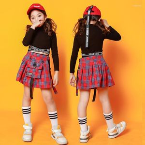 Abbigliamento da palcoscenico Costume da ballo jazz per bambini Felpa nera Top Gonna scozzese per ragazze Abbigliamento hip hop Tamburo uniforme da cheerleader