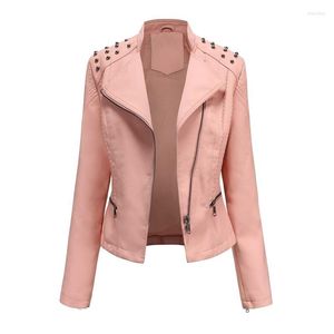 Kvinnorjackor 2023 Autumn Slim Black Pink Pu Leather Top for Women Solid Jacket Kort överrockar Dam Biker Biker Tops