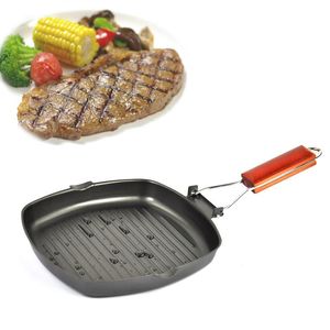 Pans Duolvqi Non-sticky Cast Iron Steak Frying Pan Wooden Handle Folding Portable Square Grill