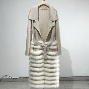Piumino da donna Streetwear 2023 Donna X-long Cashmere misto lana Cappotto di pelliccia reale Giacche patchwork naturale con cintura di lusso JD32