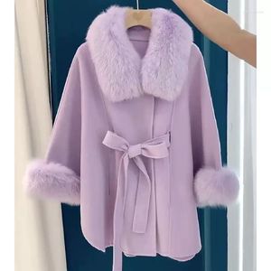 Women's Down 2023 Women Fashion Belted Cashmere Coats Warm Winter Trench Coat Lady Real Fur Collar Cuff Wool HF11