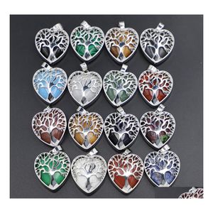 Konst och hantverk Design Natural Stone Alloy Tree of Life Heart Charms Pendants Tigers Eye Opal Crystal Pendant DIY Halsbandsmycken A DHQP8
