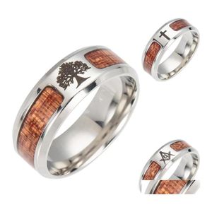 Pierścienie zespołowe drzewo życia masońskie drewno krzyżowe dla mężczyzn kobiety stal nierdzewna nigdy nie zanikaj drewniana biżuteria na pierścień palców w bk del del Otot8
