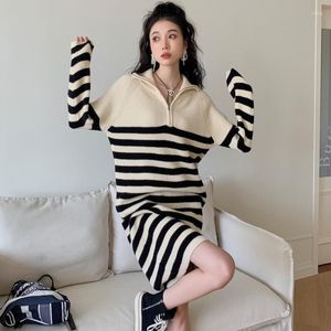 Casual Dresses ZCSMLL Autumn And Winter Korean Style College Lapel Zipper Stripe Loose Medium Long Wool Dress Women