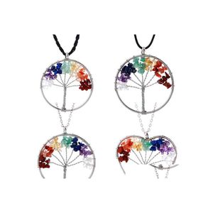 Pendant Necklaces 7 Chakra Tree Of Life Rainbow Natural Stone Quartz Black Cord Wire Rope Chain For Women Fashion Jewelry Gift Drop Otih4