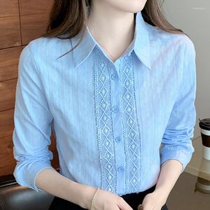 Kvinnors blusar Kvinnors Autumn Lace Splicing Bomullsskjorta Damer Långärmad elegant linne Blus Top Bluas Blue White