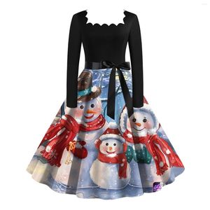 Casual Dresses Winter Christmas Womens Classic Dress Long Sleeve Snowman Print med Belt Swing Cocktail Party Vestido