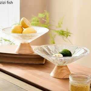 Plates Glass Fruit Snack Candy Trays Wooden Base Home Kitchen Tabletop Simple Tableware High Feet Tray Accessories