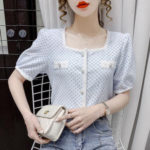 Blouses feminina estilo coreano Temperament Square Colar Camisa de peito único 2023 Summer Hollow Out Thin Short-Sleev