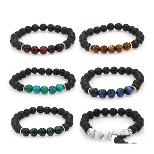 Perlenstränge Trendige natürliche schwarze Lavastein-Perlenarmbänder 8 mm Tigerauge Vulkandiffusor Yaga-Perlen-Armband für Männer Frauen Jude Otagp