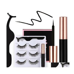 Ciglia finte 3 paia eyeliner magnetico e set di pinzette ciglia affusolate incrociate spesse alate naturali lunghe trucco all'ingrosso visone Dhod5