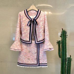 Work Dresses Skirt Suits Women Runway Luxury Designers Elegant Office Ladies Formal Tweed Blazer Jacket Pink Mini Two Piece Sets Winter