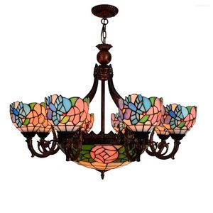 Chandeliers American Rural Creative Stained Glass Colored Bird Pink Rose Living Room Dining Bedroom Chandelier Coffee Red Bronze