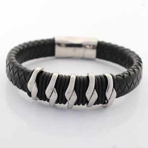 Charm Bracelets Men Jewelry Retro Genuine Leather Bracelet Stainless Steel Annulus Bead With Magnet Clasp 12MM Wide Braided