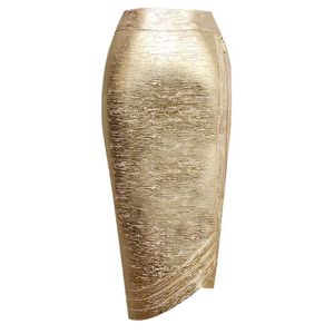 Kjolar kvinnor blyerts bodycon 2023 Autumn mode solid lady bandage guld hög midja party kjol kändis kläder